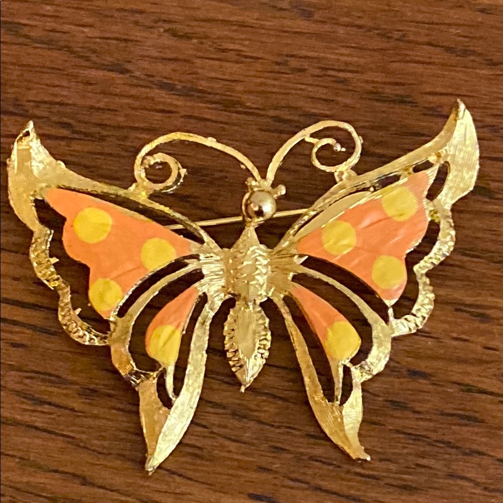 Vintage 70s Enamel Gold Tone Butterfly Broach